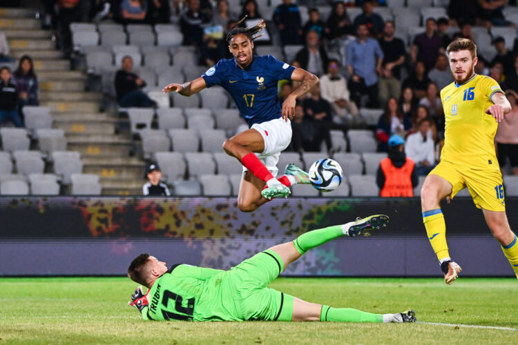 Bradley BARCOLA of France and Anatoliy TRUBIN of Ukraine during the Quarter Final U21 EURO 2023 match between France v Ukraine on July 2, 2023 in Cluj-Napoca, Romania. (Photo by Anthony Dibon/Icon Sport)