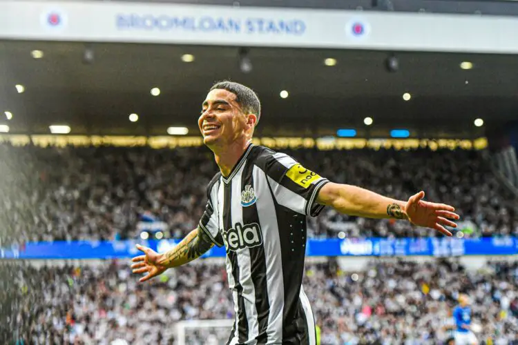 Miguel Almiron of Newcastle United scores their sides first goal of the match and celebrates his sides goal during the Pre-Season friendly match at Ibrox Stadium, Glasgow
Picture by Jamie Johnston/Focus Images Ltd 07714373795
18/07/2023 - Photo by Icon sport