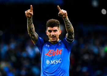 Giovanni Di Lorenzo of SSC Napoli celebrates after scoring the goal of 2-1 during the Serie A football match between SSC Napoli and FC Internazionale at Diego Armando Maradona stadium in Naples (Italy), May 21th, 2023./Sipa USA  No Sales in Italy    - Photo by Icon sport