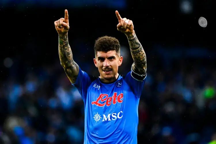 Giovanni Di Lorenzo of SSC Napoli celebrates after scoring the goal of 2-1 during the Serie A football match between SSC Napoli and FC Internazionale at Diego Armando Maradona stadium in Naples (Italy), May 21th, 2023./Sipa USA  No Sales in Italy    - Photo by Icon sport