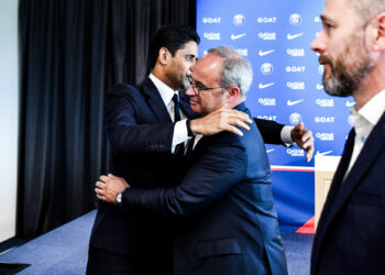 Luis CAMPOS Sporting Director of Paris Saint Germain (PSG) and Nasser AL-KHELAIFI president of Paris Saint Germain (PSG) during the press conference of PSG on July 5, 2023 in Poissy, France. (Photo by Sandra Ruhaut/Icon Sport)