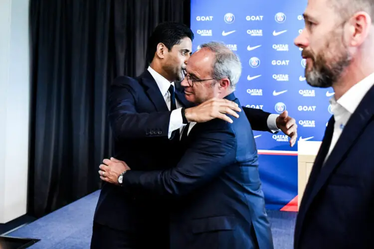 Luis CAMPOS Sporting Director of Paris Saint Germain (PSG) and Nasser AL-KHELAIFI president of Paris Saint Germain (PSG) during the press conference of PSG on July 5, 2023 in Poissy, France. (Photo by Sandra Ruhaut/Icon Sport)