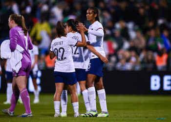 Eve PERISSET of France and Wendie RENARD of France and Clara MATEO of France during the Women International Friendly match between Ireland and France at Tallaght Stadium on July 6, 2023 in Tallaght, Ireland. (Photo by Tyler Miller/Icon Sport)