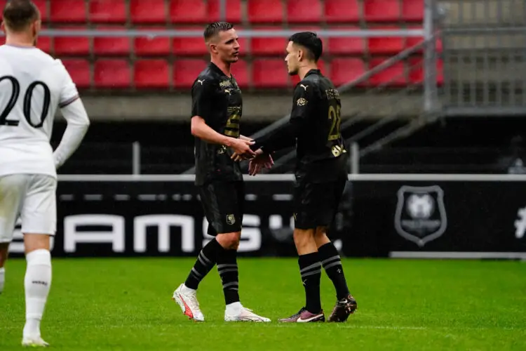 Enzo LE FEE of Rennes and Benjamin BOURIGEAUD of Rennes during the friendly match between Stade Rennais Football Club and West Ham United at Roazhon Park on July 29, 2023 in Rennes, France. (Photo by Emma Da Silva/Icon Sport)