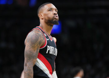 Mar 8, 2023; Boston, Massachusetts, USA; Portland Trail Blazers guard Damian Lillard (0) reacts during a break in the action against the Boston Celtics in the second quarter at TD Garden. Mandatory Credit: David Butler II-USA TODAY Sports/Sipa USA - Photo by Icon sport