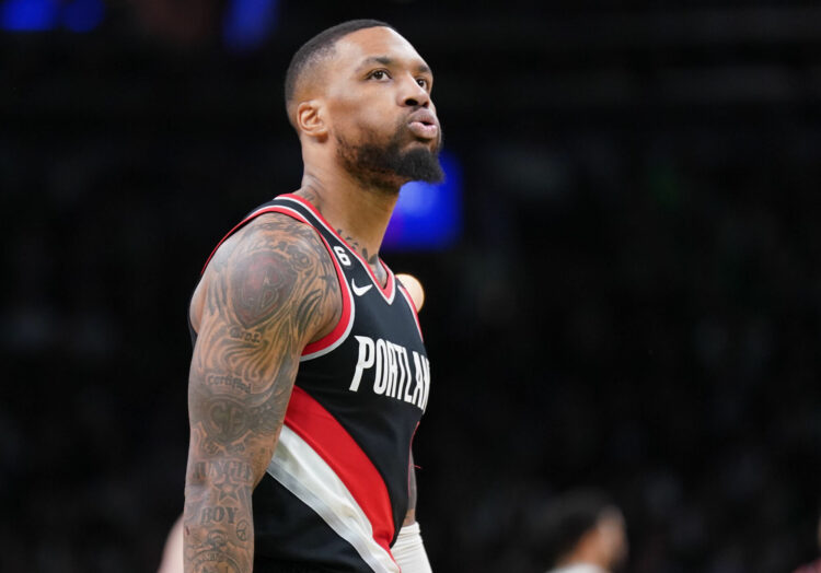 Mar 8, 2023; Boston, Massachusetts, USA; Portland Trail Blazers guard Damian Lillard (0) reacts during a break in the action against the Boston Celtics in the second quarter at TD Garden. Mandatory Credit: David Butler II-USA TODAY Sports/Sipa USA - Photo by Icon sport