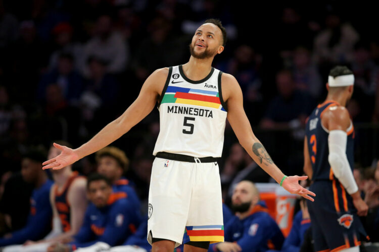 Mar 20, 2023; New York, New York, USA; Minnesota Timberwolves forward Kyle Anderson (5) reacts after being called for a foul during the second quarter against the New York Knicks at Madison Square Garden. Mandatory Credit: Brad Penner-USA TODAY Sports/Sipa USA - Photo by Icon sport