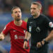 Jordan Henderson #14 of Liverpool argues with referee Craig Pawson during the Premier League match Leicester City vs Liverpool at King Power Stadium, Leicester, United Kingdom, 15th May 2023 (Photo by Gareth Evans/News Images) in Leicester, United Kingdom on 5/15/2023. (Photo by Gareth Evans/News Images/Sipa USA) - Photo by Icon sport