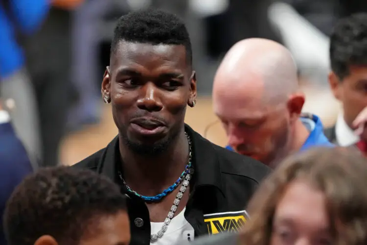 Jun 7, 2023; Miami, Florida, USA; French soccer player Paul Pogba walks off the court after game three of the 2023 NBA Finals between the Miami Heat and Denver Nuggets at Kaseya Center. Mandatory Credit: Kyle Terada-USA TODAY Sports/Sipa USA - Photo by Icon sport