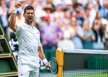 Jul 11, 2023; London, United Kingdom; Novak Djokovic (SRB) celebrates winning his match against Andrey Rublev on day nine at the All England Lawn Tennis and Croquet Club. Mandatory Credit: Susan Mullane-USA TODAY Sports /Sipa USA - Photo by Icon sport