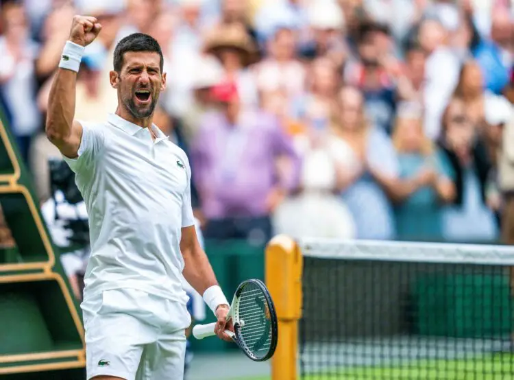 Jul 11, 2023; London, United Kingdom; Novak Djokovic (SRB) celebrates winning his match against Andrey Rublev on day nine at the All England Lawn Tennis and Croquet Club. Mandatory Credit: Susan Mullane-USA TODAY Sports /Sipa USA - Photo by Icon sport