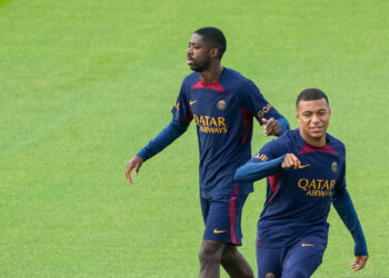 Ousmane DEMBELE of PSG and Kylian MBAPPE of Paris Saint Germain (PSG) during the training session of Paris Saint-Germain on August 18, 2023 in Poissy, France. (Photo by Hugo Pfeiffer/Icon Sport)