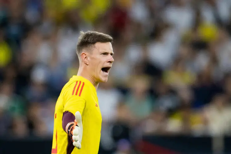 20 June 2023, North Rhine-Westphalia, Gelsenkirchen: Soccer: Internationals, Germany - Colombia, Veltins Arena. Germany goalkeeper Marc-Andre ter Stegen directs his front men. IMPORTANT NOTE: In accordance with the regulations of the DFL Deutsche Fu - Photo by Icon sport
