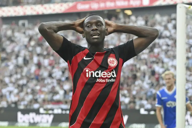 Randal Kolo MUANI (Eintracht Frankfurt) after missed goal chance, disappointment, frustrated,disappointed, frustrated,dejected, football 1st Bundesliga season 2023/2024, 1st matchday, matchday01 Eintracht Frankfurt - Darmstadt 98 1-0 on August 20th, 2023, DEUTSCHE BANK PARK Frankfurt. ? - Photo by Icon sport