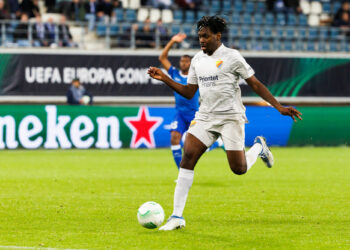 Djurgardens' Joel Asoro pictured in action during a soccer match between Belgian KAA Gent and Swedish Djurgardens IF, Thursday 06 October 2022 in Gent, on day three of the UEFA Europa Conference League group stage. BELGA PHOTO KURT DESPLENTER - Photo by Icon sport