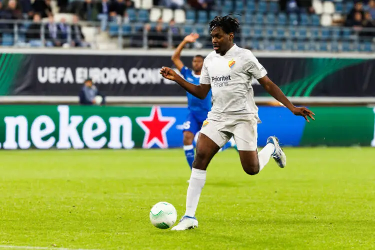 Djurgardens' Joel Asoro pictured in action during a soccer match between Belgian KAA Gent and Swedish Djurgardens IF, Thursday 06 October 2022 in Gent, on day three of the UEFA Europa Conference League group stage. BELGA PHOTO KURT DESPLENTER - Photo by Icon sport