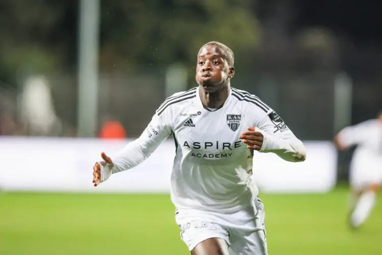 Eupen's Djeidi Gassama celebrates after scoring during a soccer match between KAS Eupen and Standard de Liege, Saturday 05 November 2022 in Eupen, on day 16 of the 2022-2023 'Jupiler Pro League' first division of the Belgian championship. BELGA PHOTO BRUNO FAHY - Photo by Icon sport