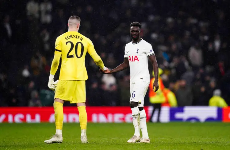 Tottenham Hotspur's Davinson Sanchez and Fraser Forster stand dejected following the UEFA Champions League round of sixteen, second leg match at the Tottenham Hotspur Stadium, London. Picture date: Wednesday March 8, 2023. - Photo by Icon sport