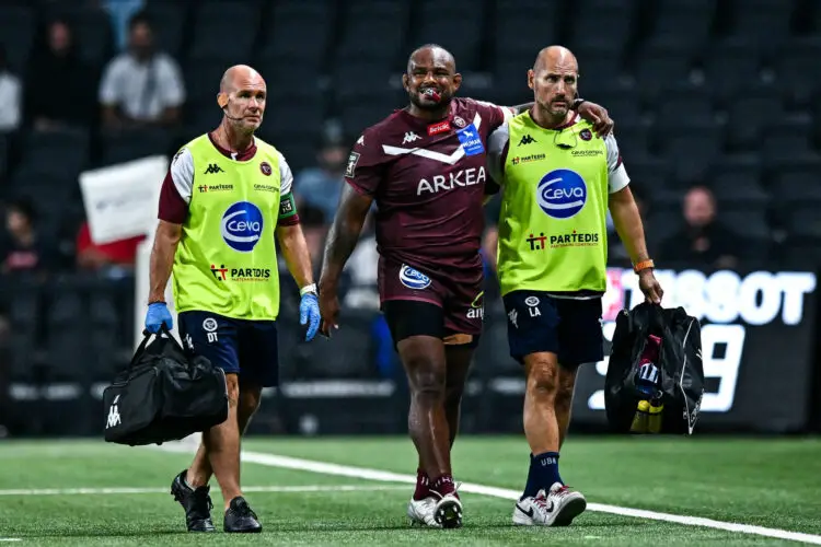Jefferson POIROT of Bordeaux leaves the pitch injured during the French Top 14 Rugby match between Racing 92 and Union Bordeaux Begles at Paris La Defense Arena on August 19, 2023 in Nanterre, France. (Photo by Baptiste Fernandez/Icon Sport)