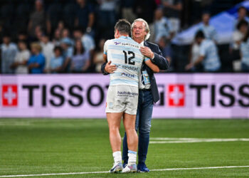 Henry CHAVANCY of Racing 92 and Jacky LORENZETTI owner of Racing 92 after the French Top 14 Rugby match between Racing 92 and Union Bordeaux Begles at Paris La Defense Arena on August 19, 2023 in Nanterre, France. (Photo by Baptiste Fernandez/Icon Sport)
