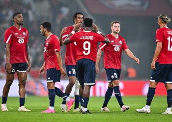Alexsandro RIBEIRO of Lille, Akim ZEDADKA of Lille, Leny YORO of Lille, Jonathan DAVID of Lille, Gabriel GUDMUNDSSON of Lille, Yusuf YAZICI of Lille celebrate the Europa Conference League play-off soccer match between Lille and HNK Rijeka at Stade Pierre Mauroy on August 24, 2023 in Lille, France. (Photo by Baptiste Fernandez/Icon Sport)