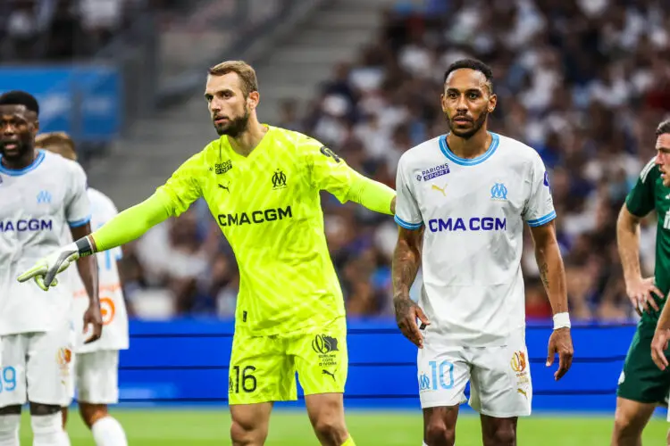 Pau LOPEZ and Pierre-Emerick AUBAMEYANG of Marseille during the UEFA Champions League match between Marseille and Panathinaikos at Orange Velodrome on August 15, 2023 in Marseille, France. (Photo by Johnny Fidelin/Icon Sport)