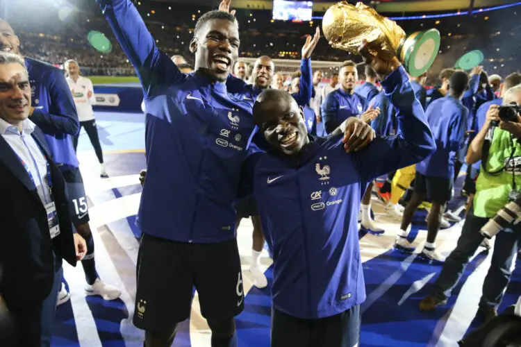 Paul Pogba and N'Golo Kante of France celebrate the FIFA World Cup with fan after the UEFA Nations League A group one match between France and Netherlands at Stade de France on September 9, 2018 in Paris, France. 
(Photo by Xavier Laine/Pool/Icon Sport)