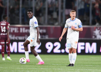 21 Valentin RONGIER (om) during the Ligue 1 Uber Eats match between Metz and Olympique de Marseille at Stade Saint-Symphorien on August 18, 2023 in Metz, France. (Photo by Philippe Lecoeur/FEP/Icon Sport)