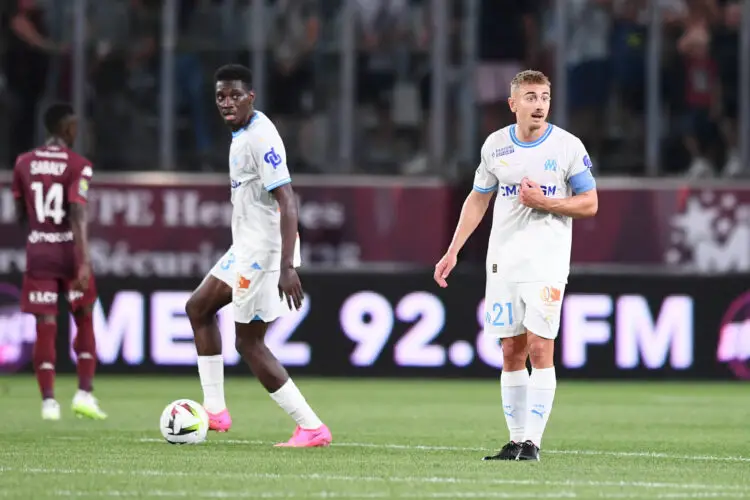 21 Valentin RONGIER (om) during the Ligue 1 Uber Eats match between Metz and Olympique de Marseille at Stade Saint-Symphorien on August 18, 2023 in Metz, France. (Photo by Philippe Lecoeur/FEP/Icon Sport)