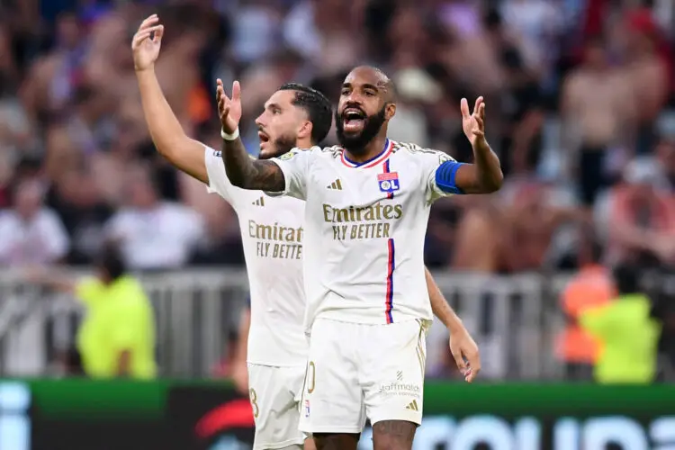 18 Rayan CHERKI (ol) - 10 Alexandre LACAZETTE (ol) during the Ligue 1 Uber Eats match between Olympique Lyonnais and Montpellier Herault Sport Club at Groupama Stadium on August 19, 2023 in Lyon, France. (Photo by Philippe Lecoeur/FEP/Icon Sport)