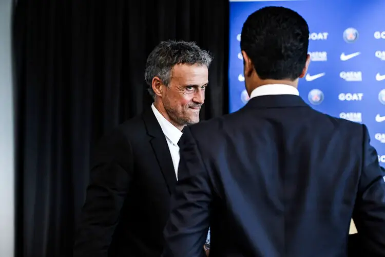 Nasser AL-KHELAIFI president of Paris Saint Germain (PSG) and new head coach Luis ENRIQUE of Paris Saint Germain during the press conference of PSG on July 5, 2023 in Poissy, France. (Photo by Sandra Ruhaut/Icon Sport)