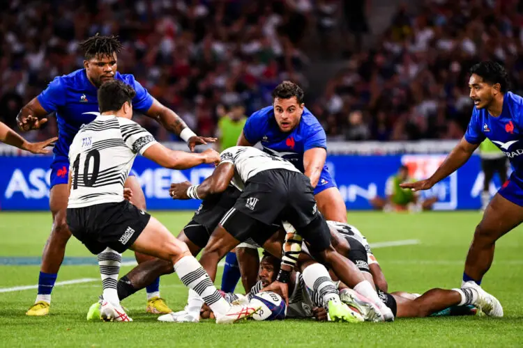 Jonathan DANTY of France and Arthur VINCENT of France and Yoram MOEFANA of France during the Summer Nations Series match between France and Fiji at Stade de la Beaujoire on August 19, 2023 in Nantes, France. (Photo by Sandra Ruhaut/Icon Sport)