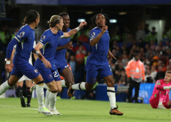 London, England, 25th August 2023. Raheem Sterling of Chelsea celebrates after scoring the opening goal during the Premier League match at Stamford Bridge, London. Picture credit should read: Paul Terry / Sportimage - Photo by Icon sport
