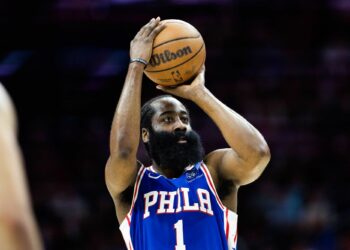 May 11, 2023; Philadelphia, Pennsylvania, USA; Philadelphia 76ers guard James Harden (1) shoots against the Boston Celtics during the first quarter in game six of the 2023 NBA playoffs at Wells Fargo Center. Mandatory Credit: Bill Streicher-USA TODAY Sports/Sipa USA - Photo by Icon sport