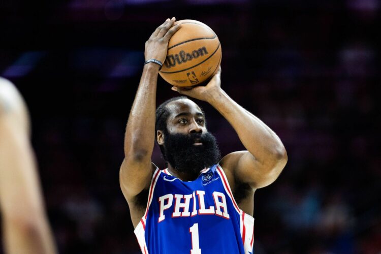 May 11, 2023; Philadelphia, Pennsylvania, USA; Philadelphia 76ers guard James Harden (1) shoots against the Boston Celtics during the first quarter in game six of the 2023 NBA playoffs at Wells Fargo Center. Mandatory Credit: Bill Streicher-USA TODAY Sports/Sipa USA - Photo by Icon sport