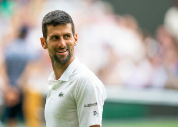 Jul 11, 2023; London, United Kingdom; Novak Djokovic (SRB) reacts to a point during his match against Andrey Rublev on day nine at the All England Lawn Tennis and Croquet Club. Mandatory Credit: Susan Mullane-USA TODAY Sports /Sipa USA - Photo by Icon sport