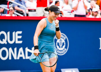 Aug 12, 2023; Montreal, Quebec, Canada; Jessica Pegula (USA) reacts after her win against Iga Swiatek (POL) (not pictured) after semi final play at IGA Stadium. Mandatory Credit: David Kirouac-USA TODAY Sports/Sipa USA - Photo by Icon sport