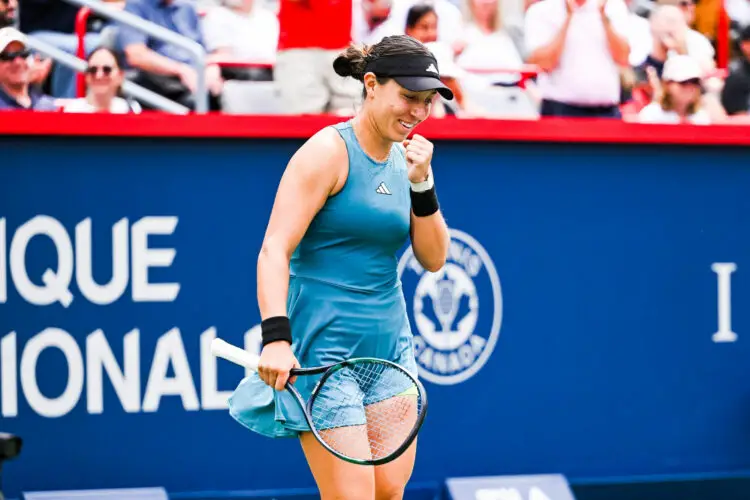 Aug 12, 2023; Montreal, Quebec, Canada; Jessica Pegula (USA) reacts after her win against Iga Swiatek (POL) (not pictured) after semi final play at IGA Stadium. Mandatory Credit: David Kirouac-USA TODAY Sports/Sipa USA - Photo by Icon sport