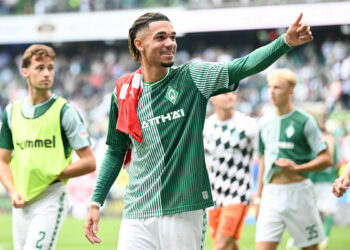 Justin Njinmah (Werder Brême) satisfait après la large victoire à domicile (4-0) de son équipe face à Mainz le 2 septembre 2023. Photo by Icon sport
