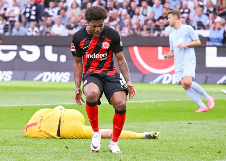 03 September 2023, Hesse, Frankfurt/Main: Soccer: Bundesliga, Eintracht Frankfurt - 1. FC Kln, Matchday 3, at Deutsche Bank Park. Frankfurt's Jessic Ngankam reacts. Photo: Arne Dedert/dpa - IMPORTANT NOTE: In accordance with the requirements of the DFL Deutsche Fuball Liga and the DFB Deutscher Fuball-Bund, it is prohibited to use or have used photographs taken in the stadium and/or of the match in the form of sequence pictures and/or video-like photo series. - Photo by Icon sport