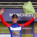Team JumboVismas Olav Kooij celebrates on the podium after winning stage one of the 2023 Tour of Britain, from Altrincham to Manchester. Picture date: Sunday September 3, 2023. - Photo by Icon sport