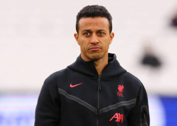 26th April 2023; London Stadium, London, England; Premier League Football, West Ham United versus Liverpool; Thiago Alcantara of Liverpool pitch side before the warm up - Photo by Icon sport