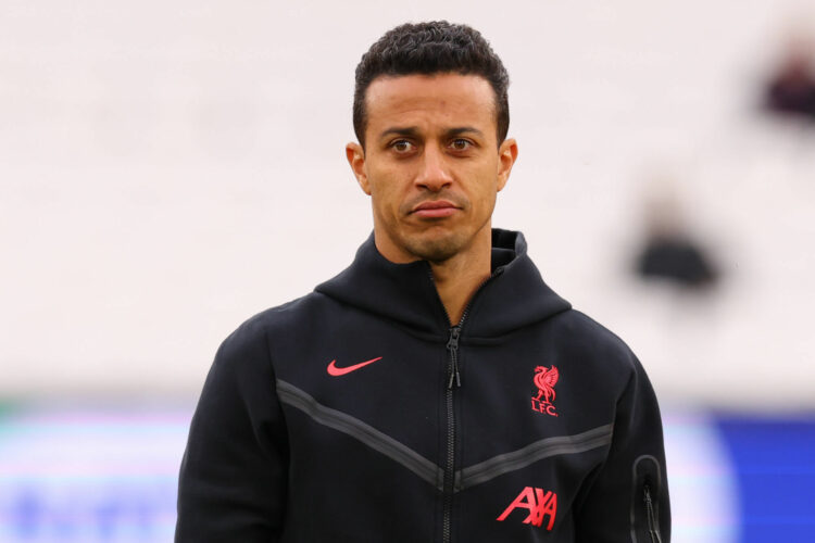 26th April 2023; London Stadium, London, England; Premier League Football, West Ham United versus Liverpool; Thiago Alcantara of Liverpool pitch side before the warm up - Photo by Icon sport