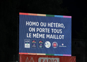 Affiche de prévention contre l'homophobie lors du match entre Annecy et Le Havre le 15 Mai 2023 - Photo by Christophe Saidi/FEP/Icon Sport