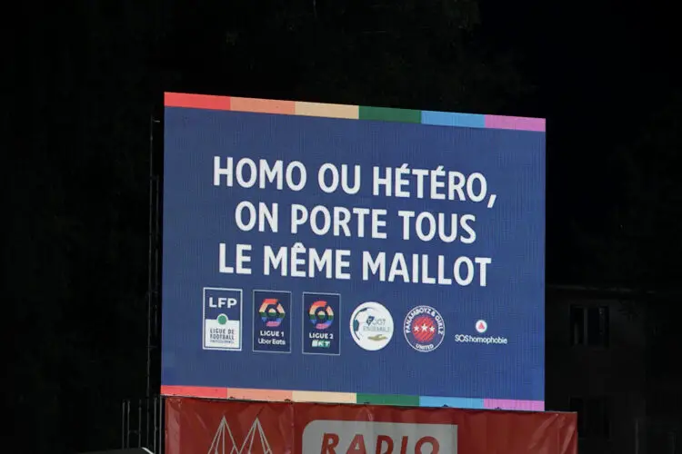 Affiche de prévention contre l'homophobie lors du match entre Annecy et Le Havre le 15 Mai 2023 - Photo by Christophe Saidi/FEP/Icon Sport