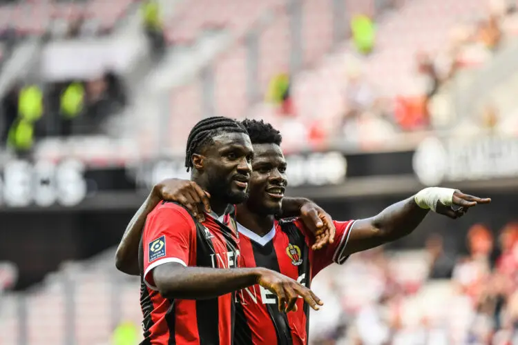 Terem MOFFI of Nice celebrates his goal with Youssouf NDAYISHIMIYE during the Ligue 1 Uber Eats match between  Olympique Gymnaste Club Nice and Racing Club de Strasbourg Alsaceon at Allianz Riviera on September 3, 2023 in Nice, France. (Photo by Daniel Derajinski/Icon Sport)