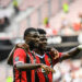 Terem MOFFI of Nice celebrates his goal with Youssouf NDAYISHIMIYE during the Ligue 1 Uber Eats match between  Olympique Gymnaste Club Nice and Racing Club de Strasbourg Alsaceon at Allianz Riviera on September 3, 2023 in Nice, France. (Photo by Daniel Derajinski/Icon Sport)