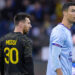 Paris Saint-Germain's Lionel Messi (L) and Riyadh Season Team's Cristiano Ronaldo react during the Riyadh Season Cup match between Riyadh Season Team and Paris Saint-Germain FC at King Fahd International Stadium in Riyadh, Saudi Arabia, on January 19, 2023. Photo by Khalid Abdulfaattah/Xinhua/ABACAPRESS.COM - Photo by Icon sport