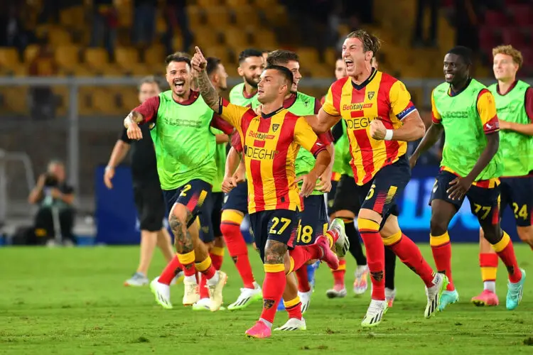 La joie des joueurs de l'US Lecce suite à la victoire face à Salernitana du 3 Septembre 2023. Photo by Icon sport