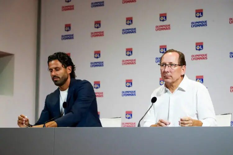 John TEXTOR President of Lyon and Fabio GROSSO coach of Lyon  during the presentation as the new coach of Olympique Lyonnais at Groupama Stadium on September 18, 2023 in Lyon, France. (Photo by Romain Biard/Icon Sport)